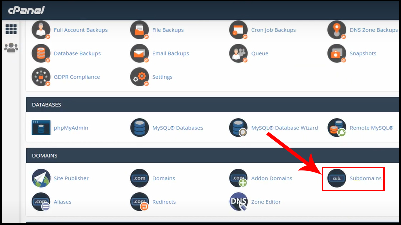 Mở Subdomain sau khi truy cập cPanel